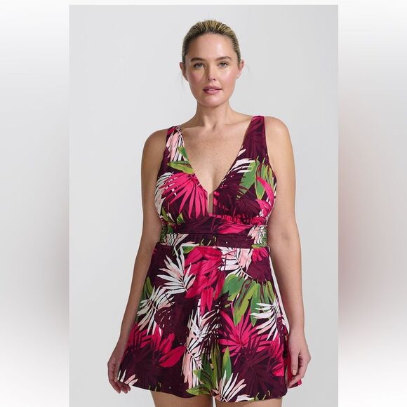 Land's End Plus Size Slender Swimsuit Dress Dark Wine Multi Tropical Palm 18 - Picture 6 of 7
